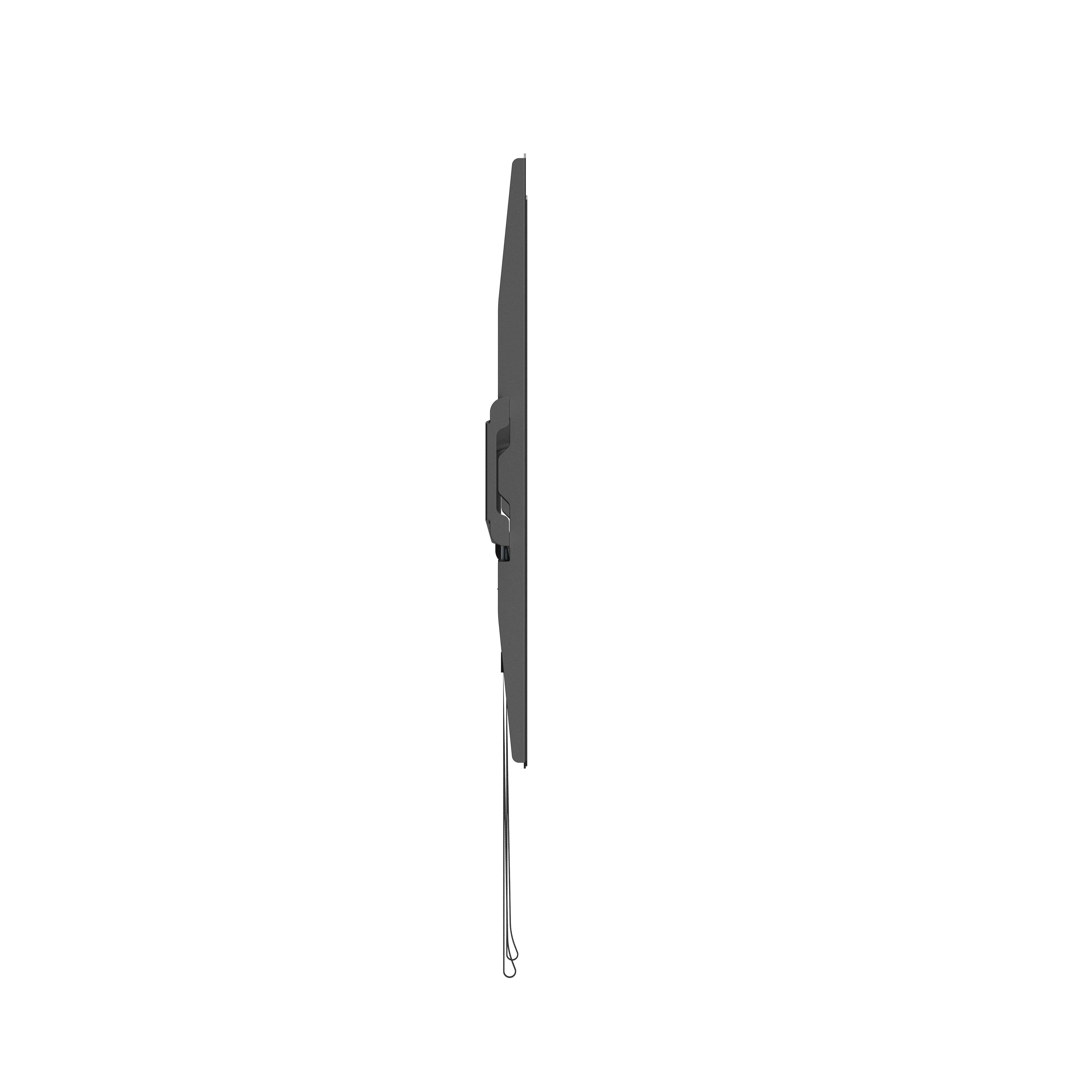 Un soporte de pared oscuro para TV, mostrado de lado, con cable.