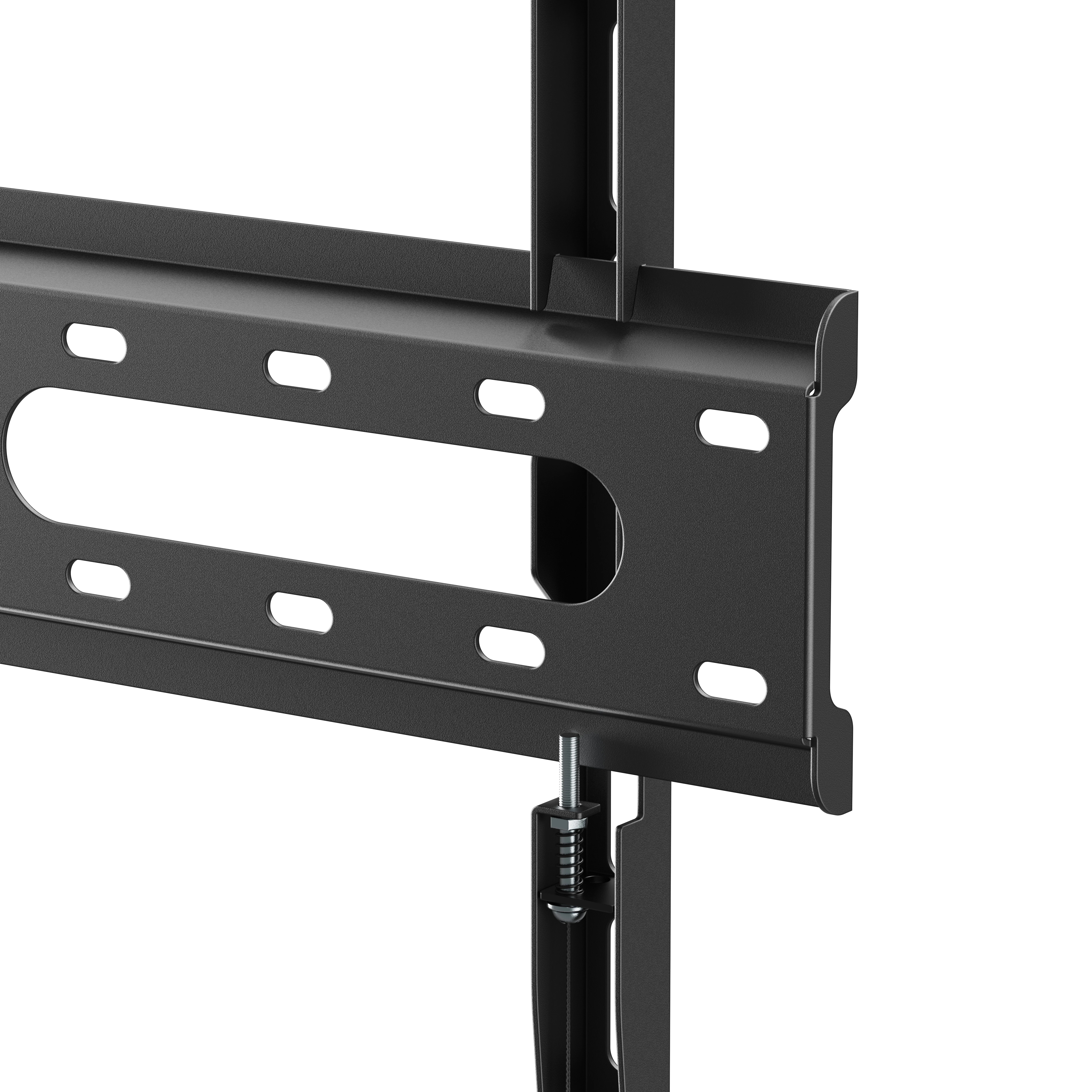 Soporte metálico negro con ranuras para montaje de TV.