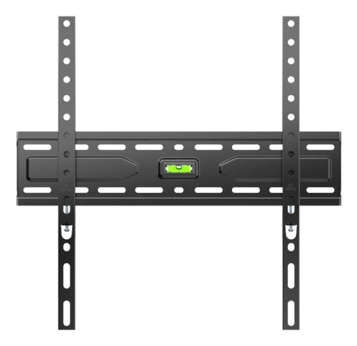 Soporte de pared para TV negro con nivel de burbuja integrado y brazos verticales.