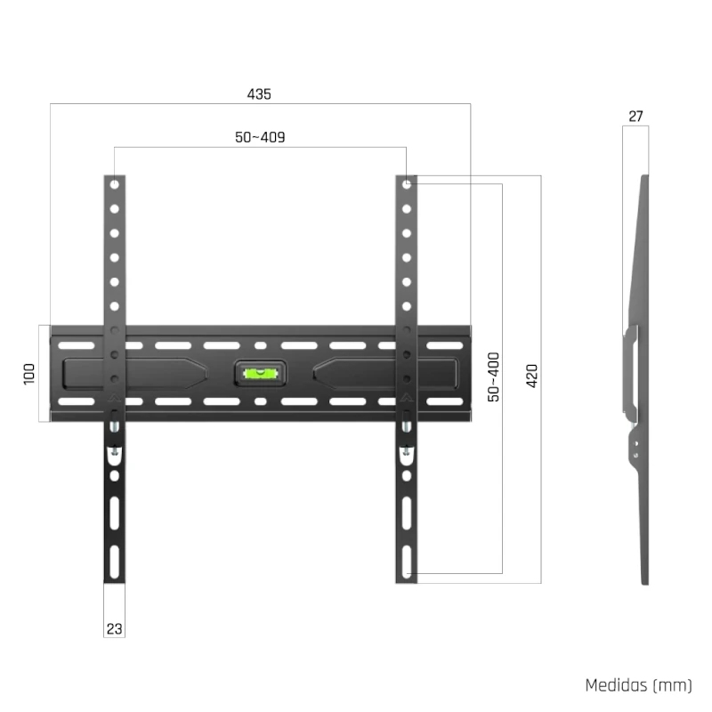 Un soporte de pared para TV negro con medidas y nivel.