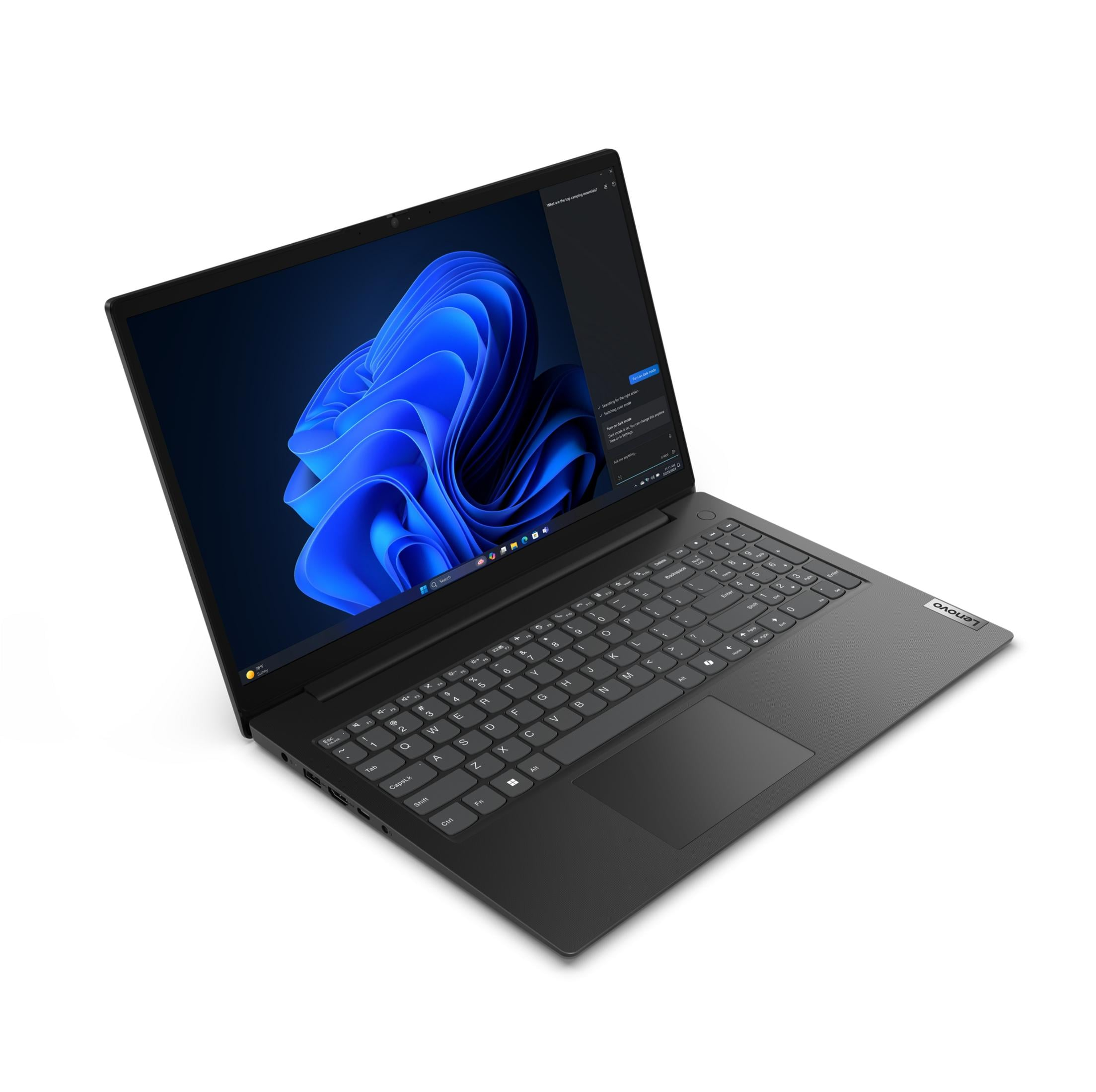 Czarny laptop Lenovo z niebieską abstrakcyjną tapetą na ekranie.