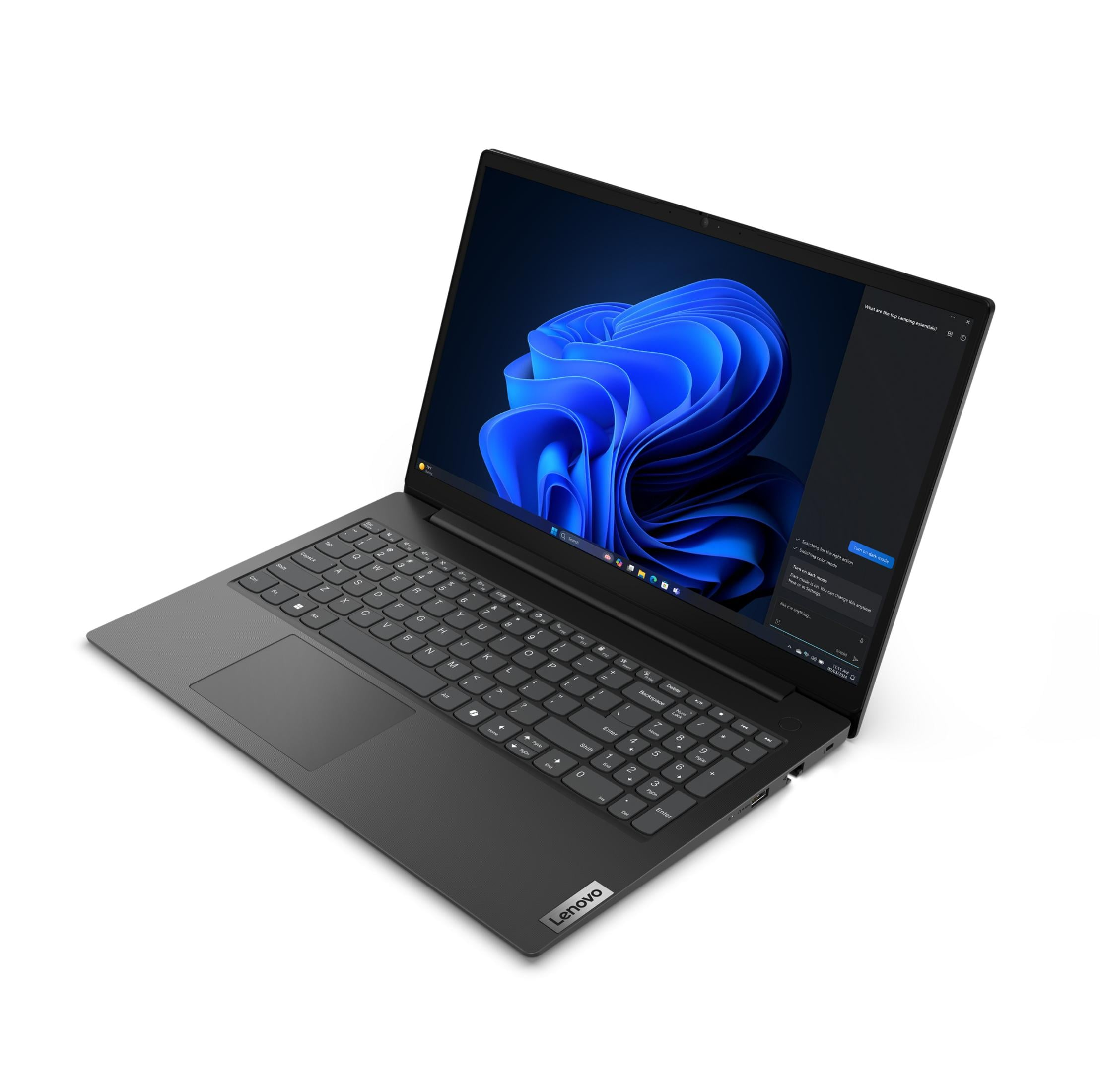 Szary laptop Lenovo z podświetlaną klawiaturą i niebieską tapetą.