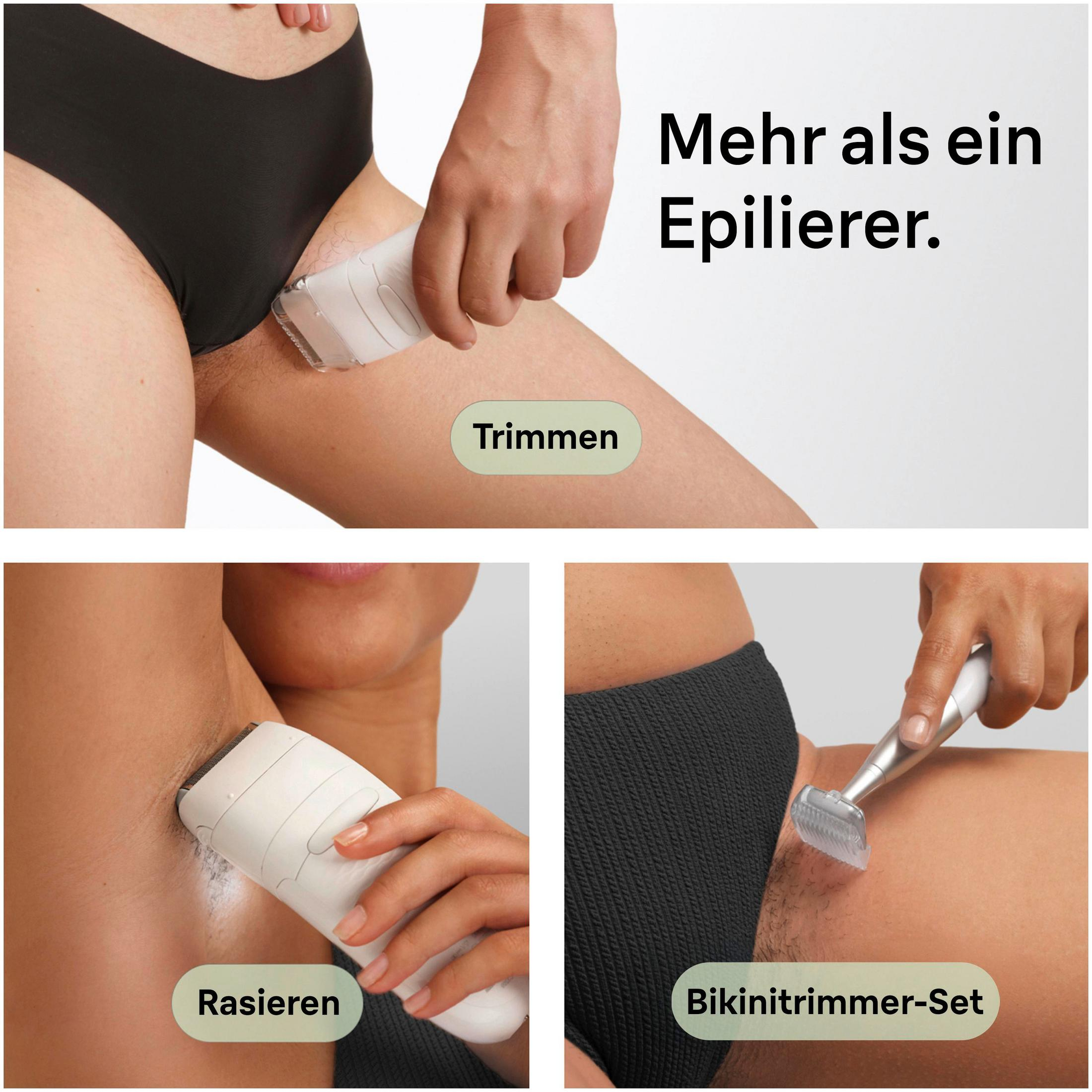 Tre immagini mostrano l'uso di un epilatore e trimmer nella zona bikini.