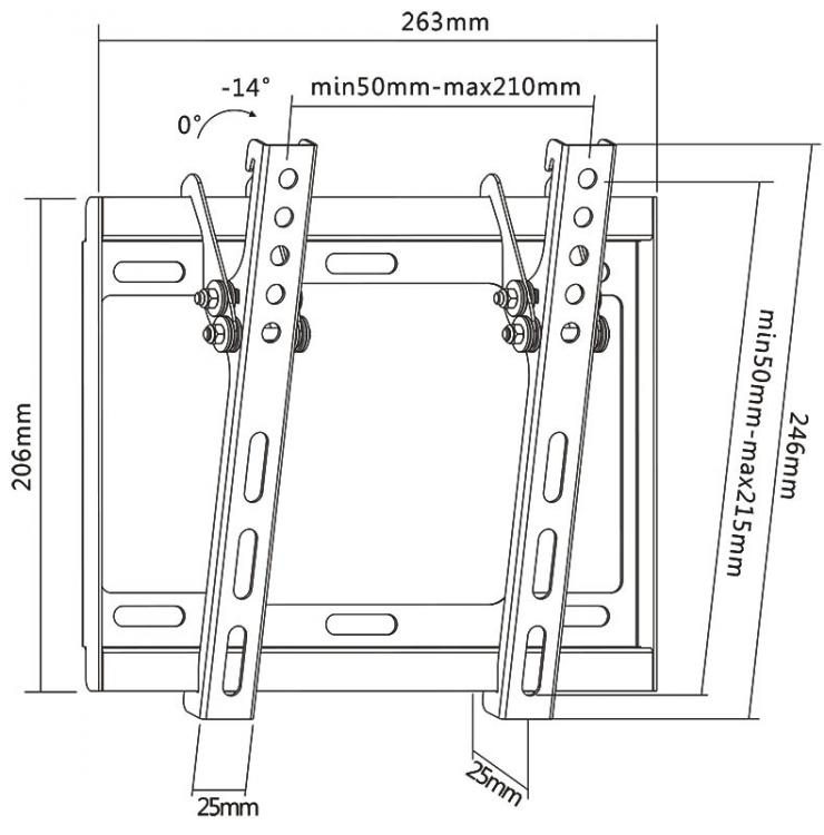 Disegno tecnico di un supporto a muro con dimensioni e angoli.