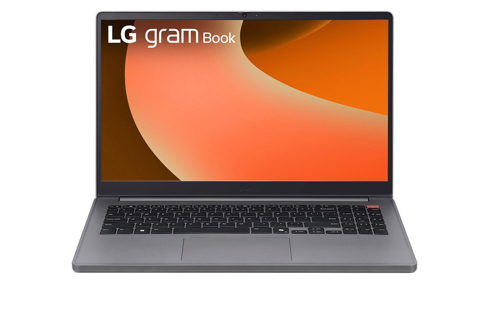 Laptop LG Gram grigio con tastiera illuminata e sfondo arancione.