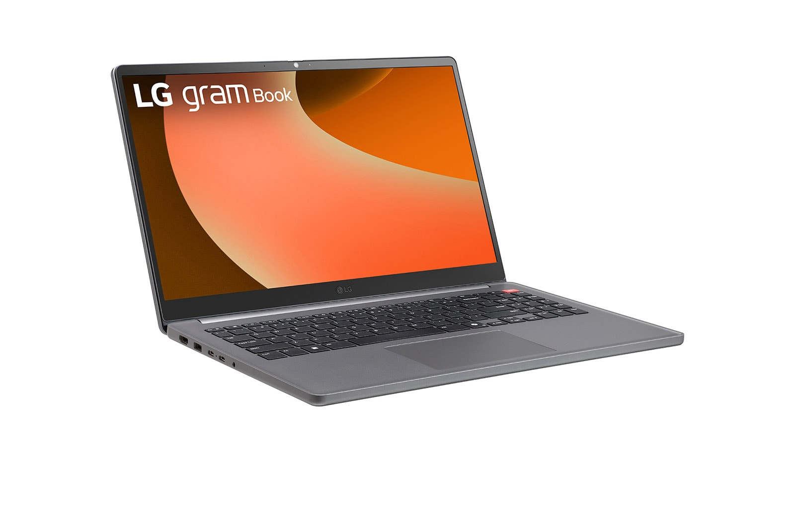 Laptop LG Gram Book grigio con tastiera e sfondo arancione sullo schermo.