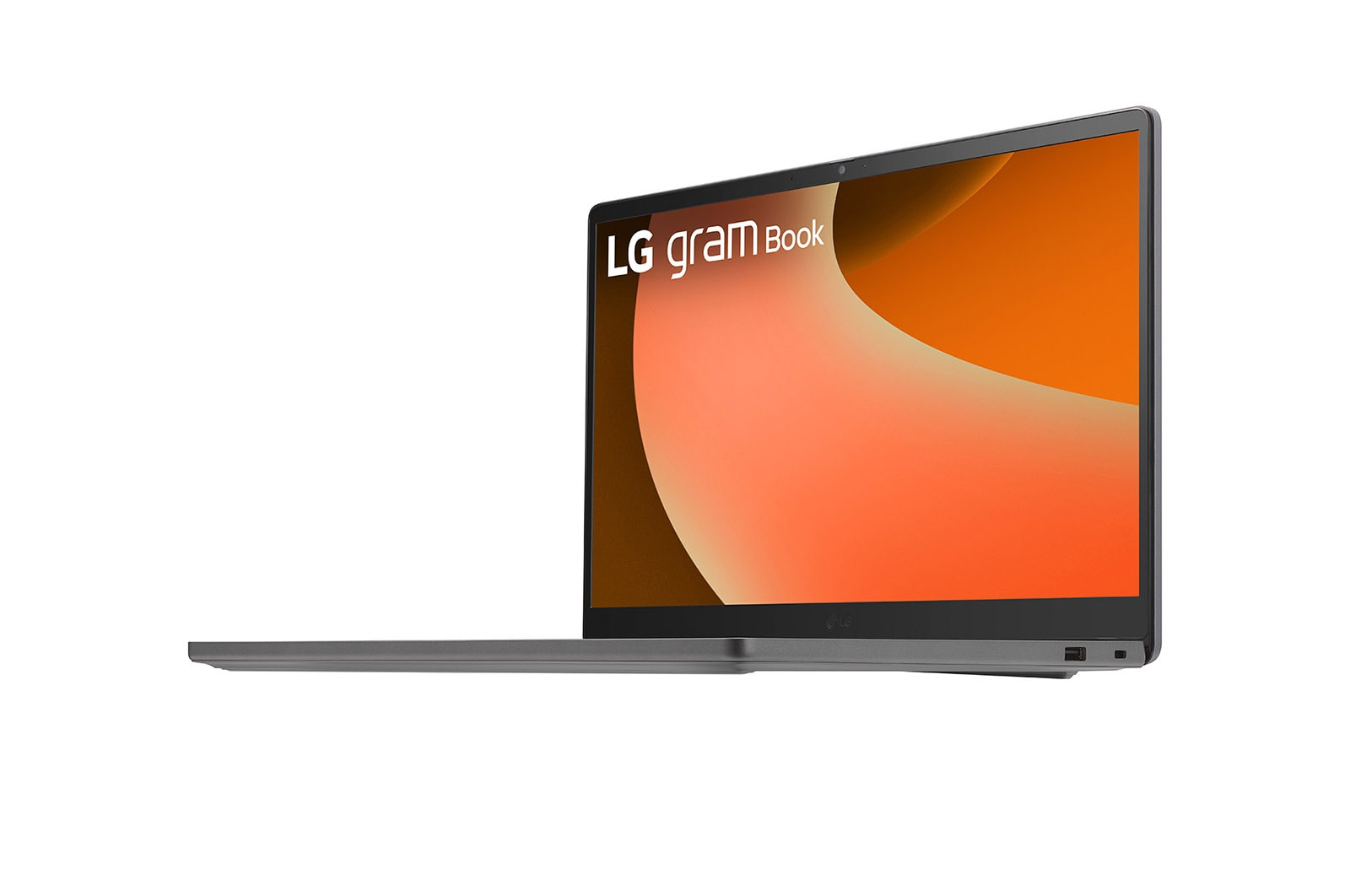 Un laptop LG Gram grigio con uno sfondo arancione e giallo sullo schermo.