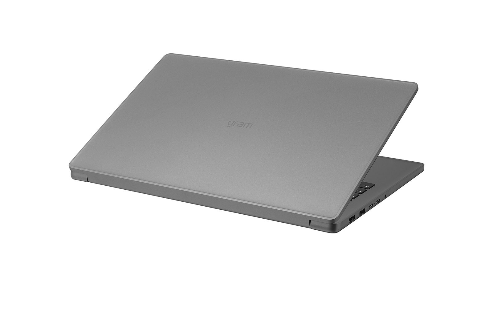 Un laptop LG Gram grigio chiuso con il logo sul coperchio.