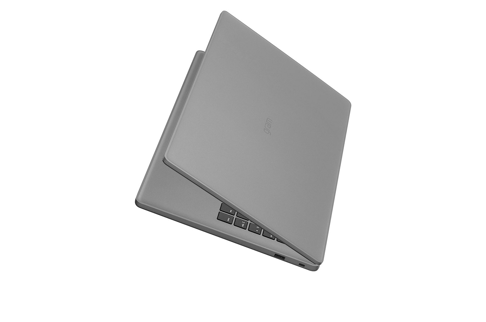 Un laptop LG Gram grigio chiuso su sfondo bianco.