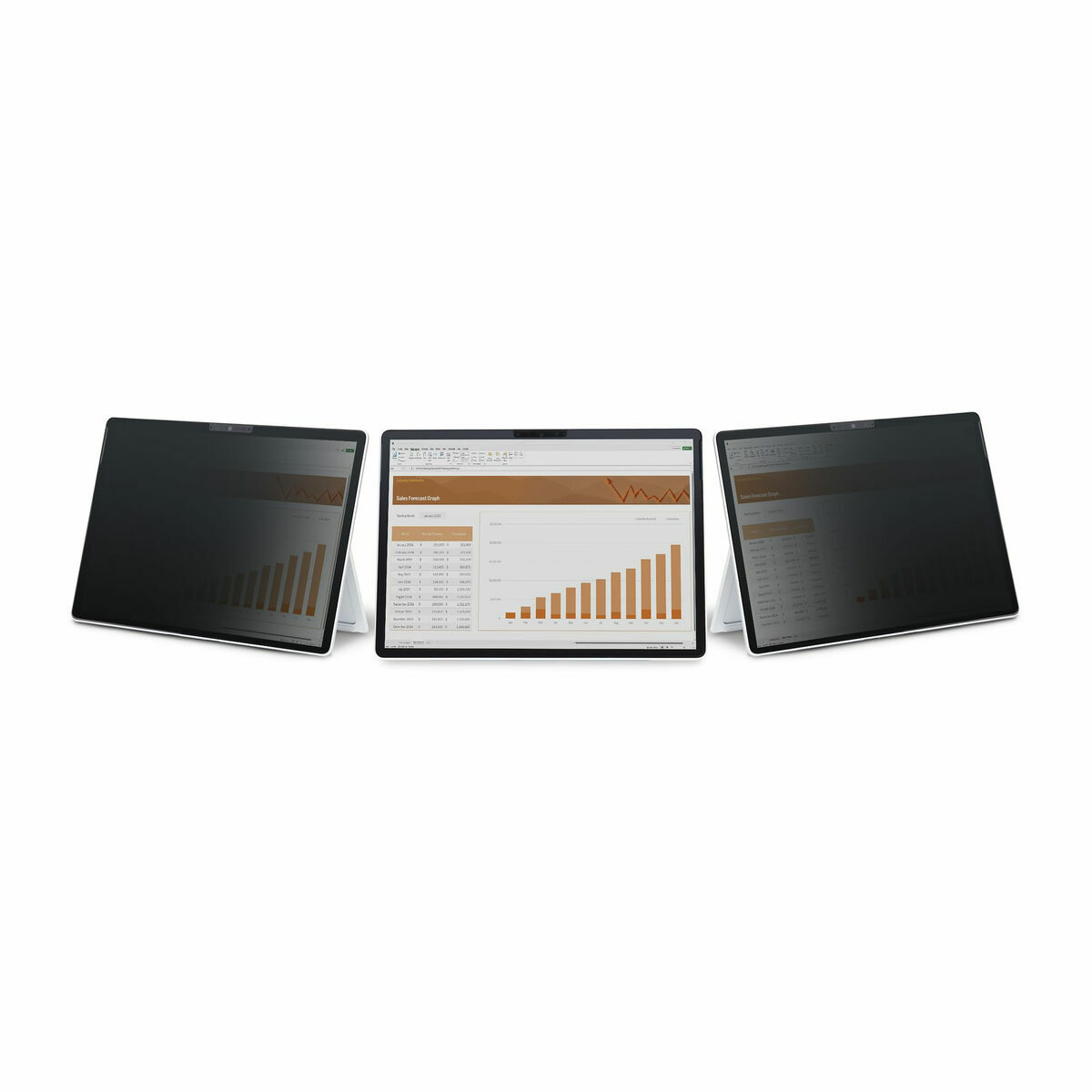 Tre laptop con schermi privacy; uno mostra grafici.