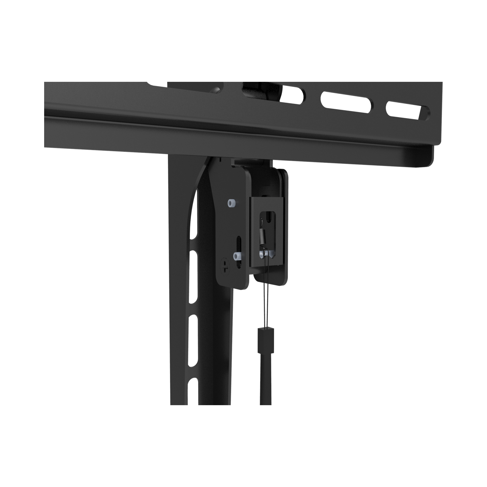 Schwarze Wandhalterung mit Auslösemechanismus und Schnur.