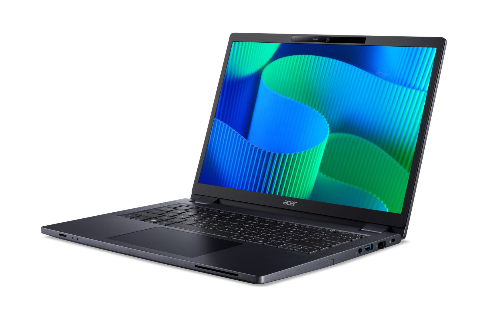Un laptop Acer scuro con uno sfondo blu e verde sullo schermo.