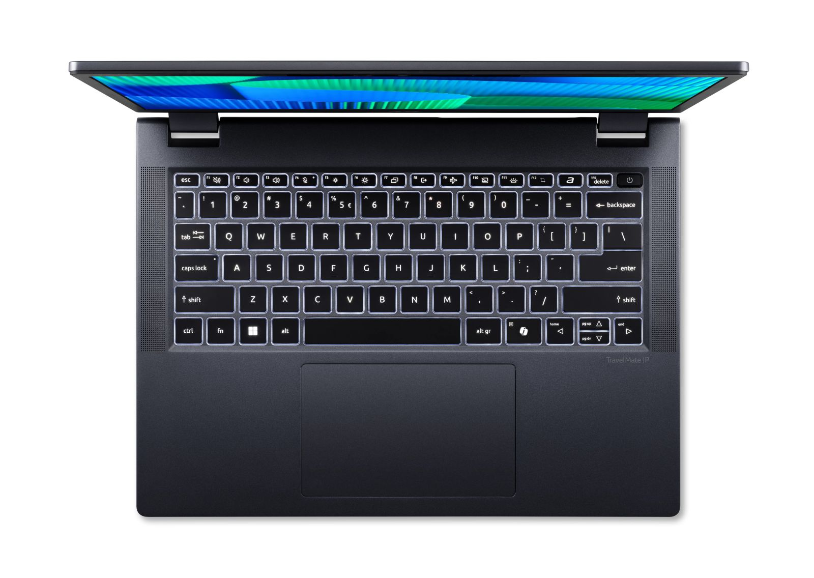 Un laptop nero aperto con tastiera retroilluminata e sfondo dello schermo blu-verde.