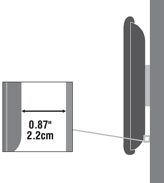 Vista de detalle muestra el grosor de 0,87" / 2,2 cm de un dispositivo de perfil lateral.