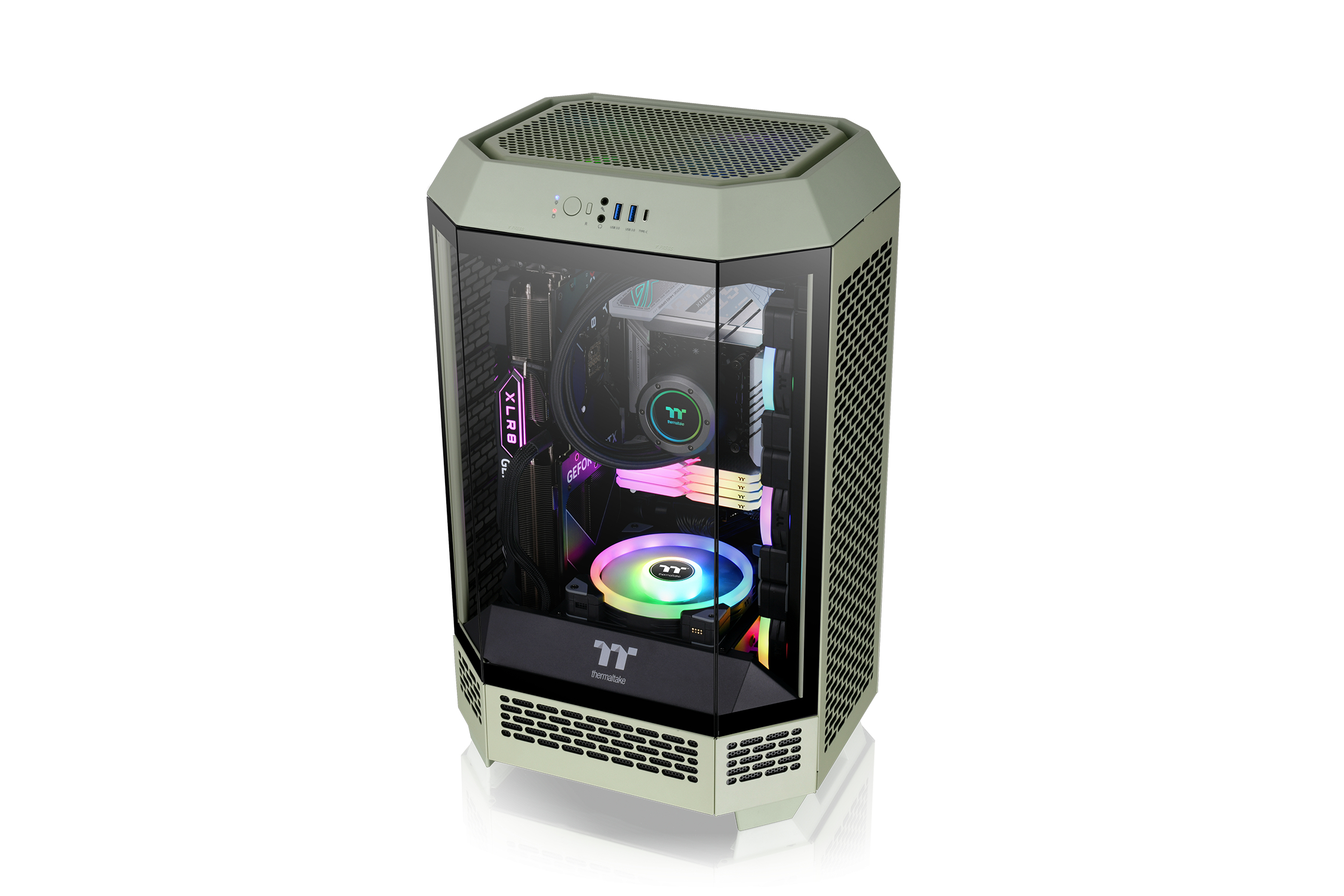 Un case PC verde con frontale in vetro e ventola RGB.