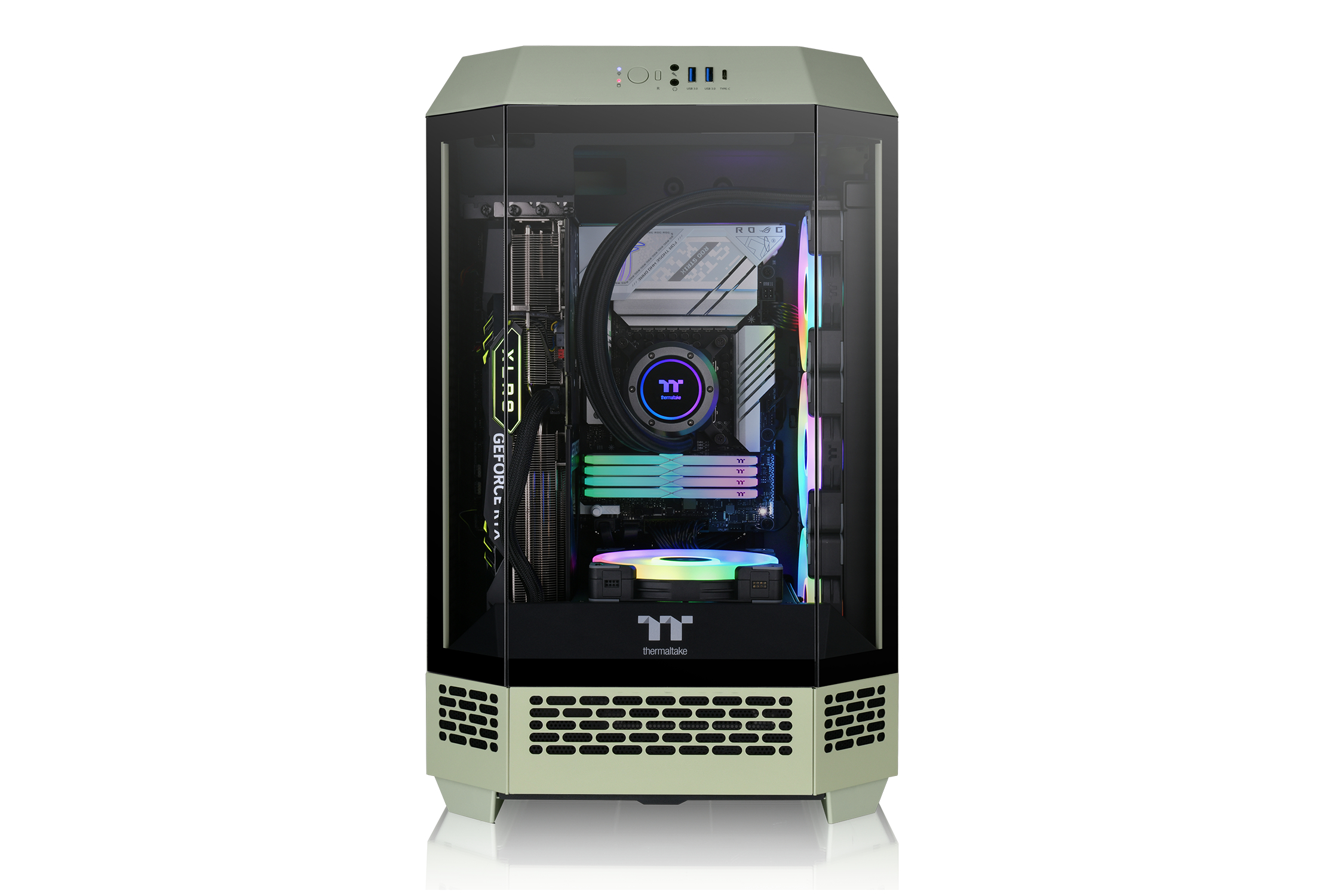 Un case del computer illuminato con pannelli in vetro e esterno verde.