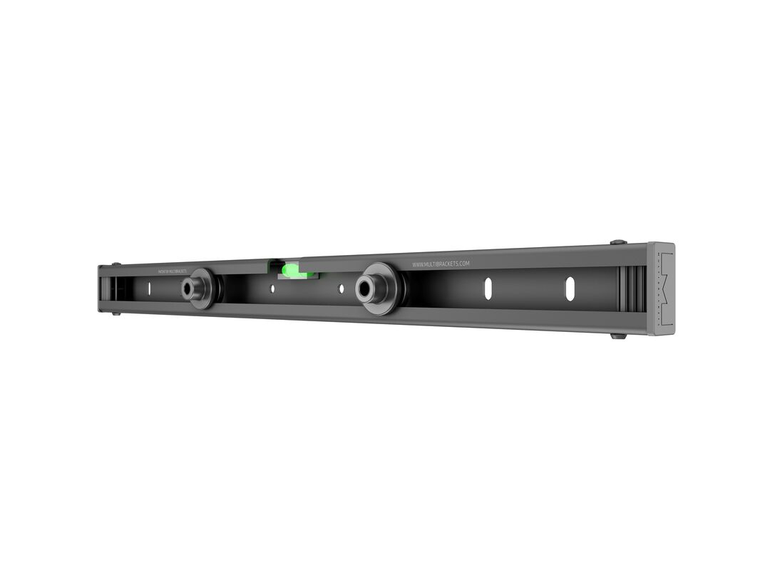Supporto grigio per monitor con livella integrata, rotelle e viti argentate.