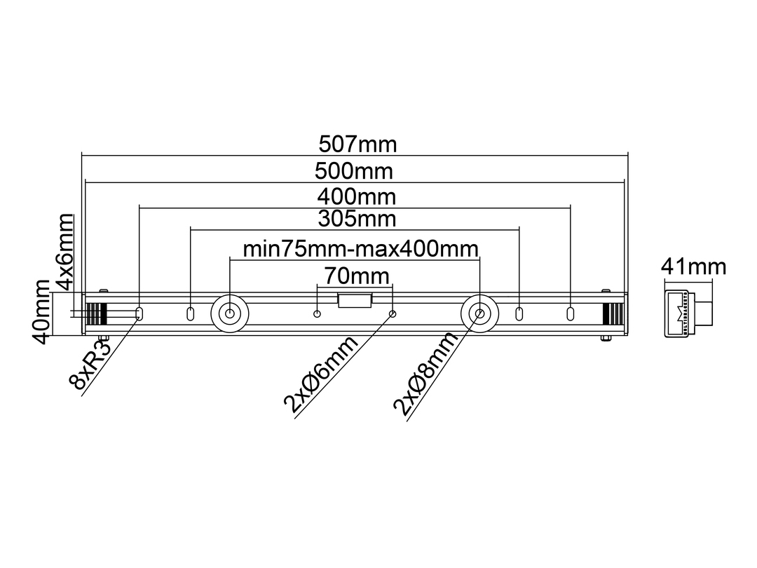 Disegno tecnico di un meccanismo con dimensioni: 40mm, 4x6mm, 507mm, 41mm.