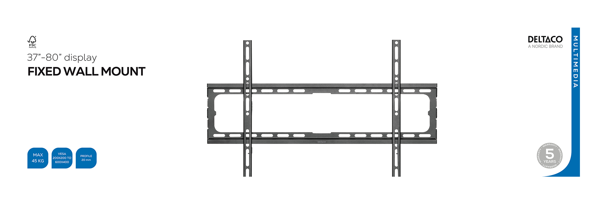 Supporto a parete grigio per display 37"-80", max 45kg, VESA 200x200-600x400.