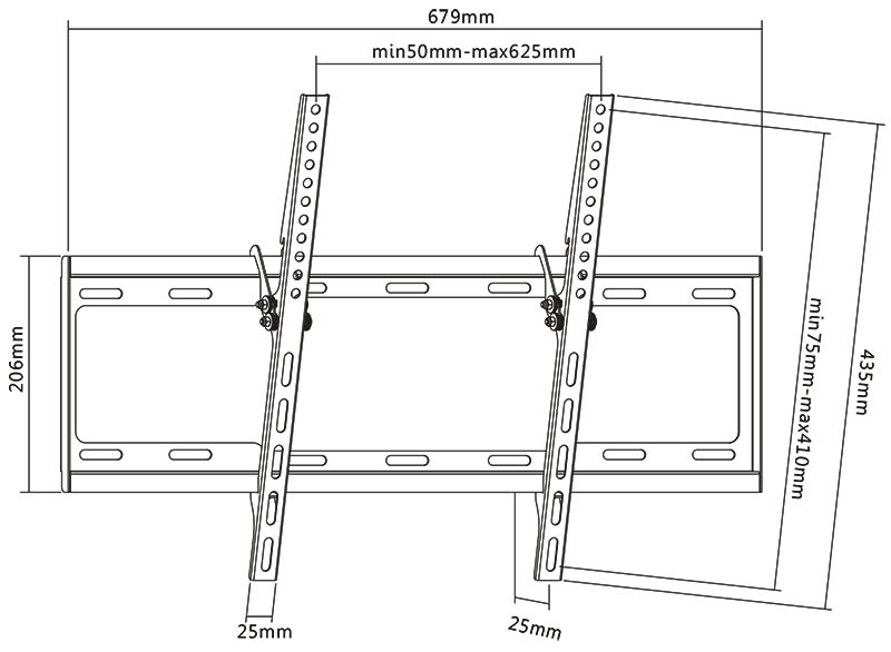 Disegno tecnico di un supporto da parete per TV con dimensioni.
