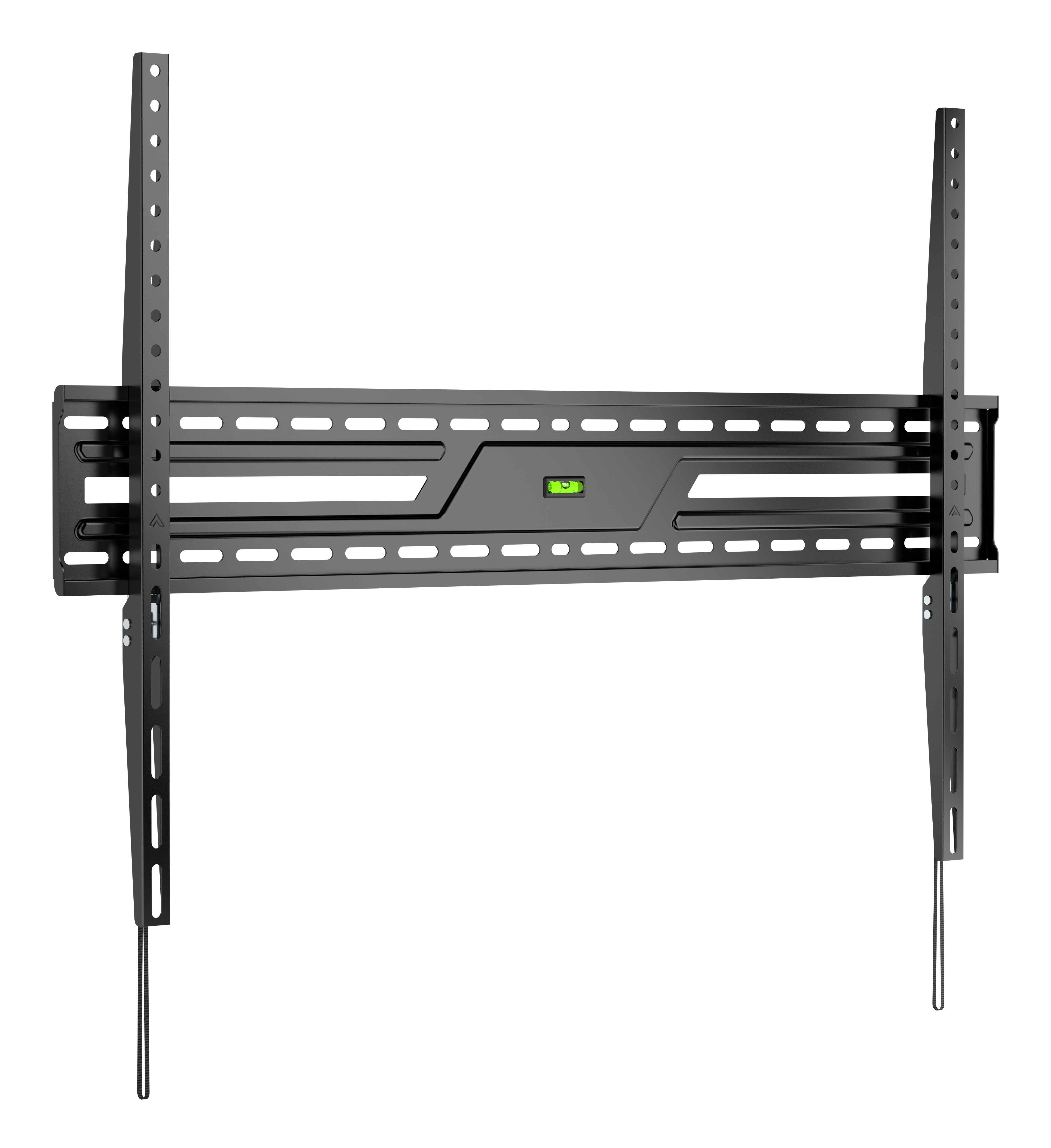 Supporto da parete TV nero con livella a bolla integrata.