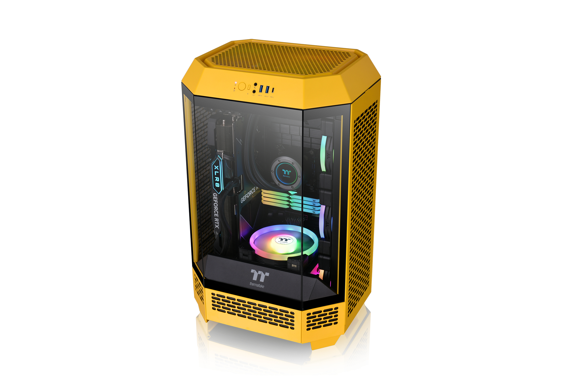 Case PC giallo con finestre in vetro e illuminazione RGB. Panoramica del dispositivo.