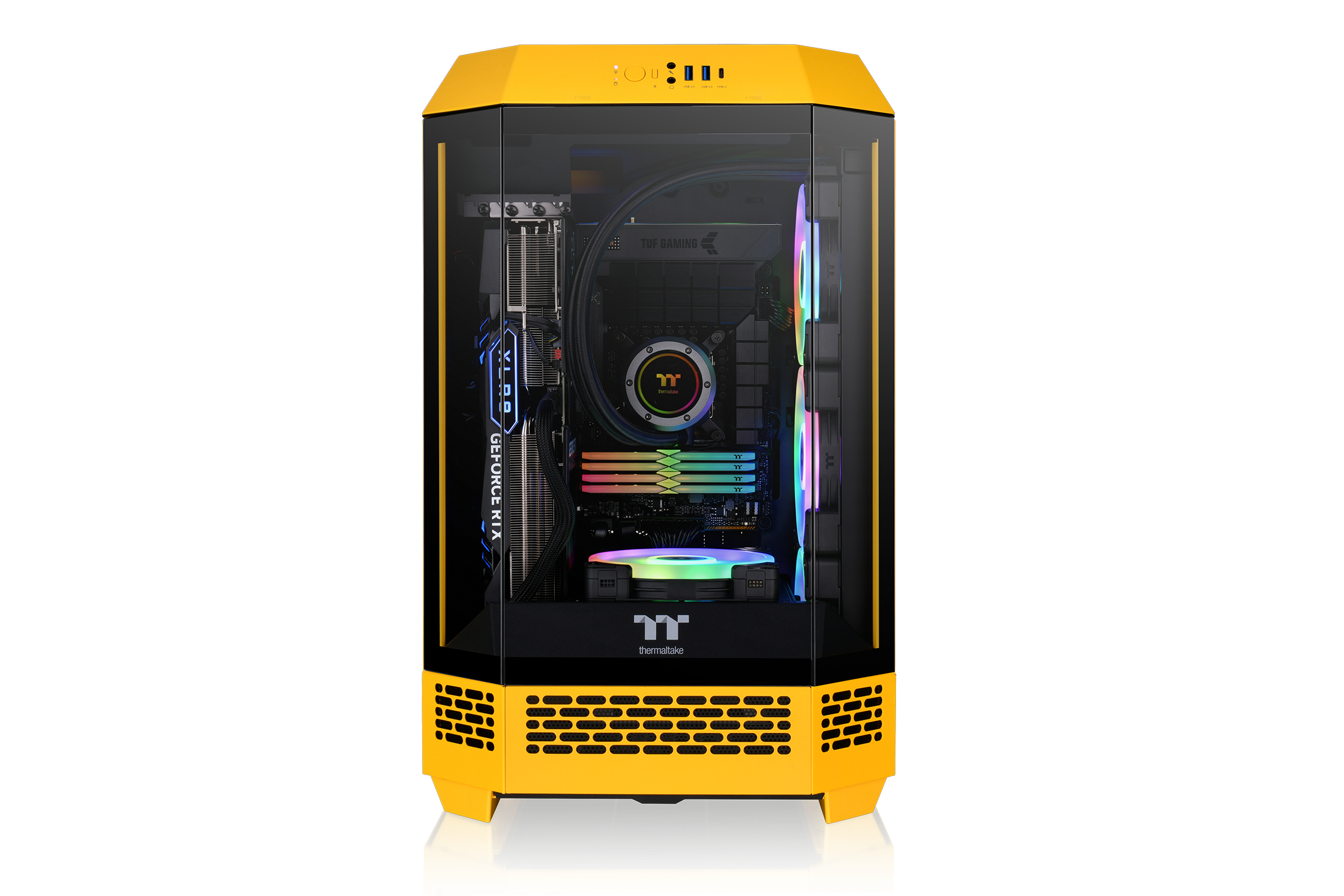 Un case per computer giallo con pannelli in vetro e illuminazione RGB.
