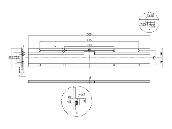 Disegno tecnico con dimensioni per un componente lungo e piatto con più fori.
