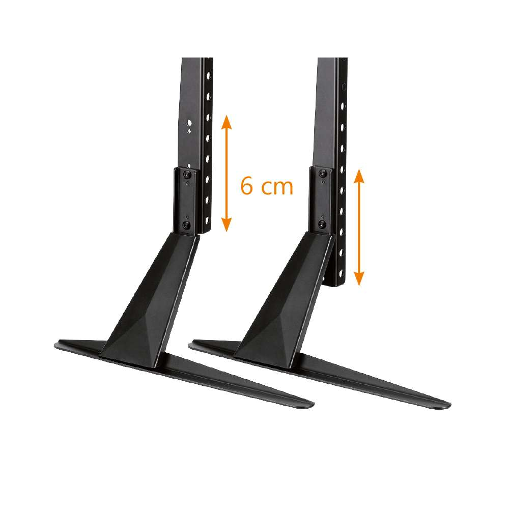 Due piedini neri per supporto TV con regolazione altezza 6 cm.