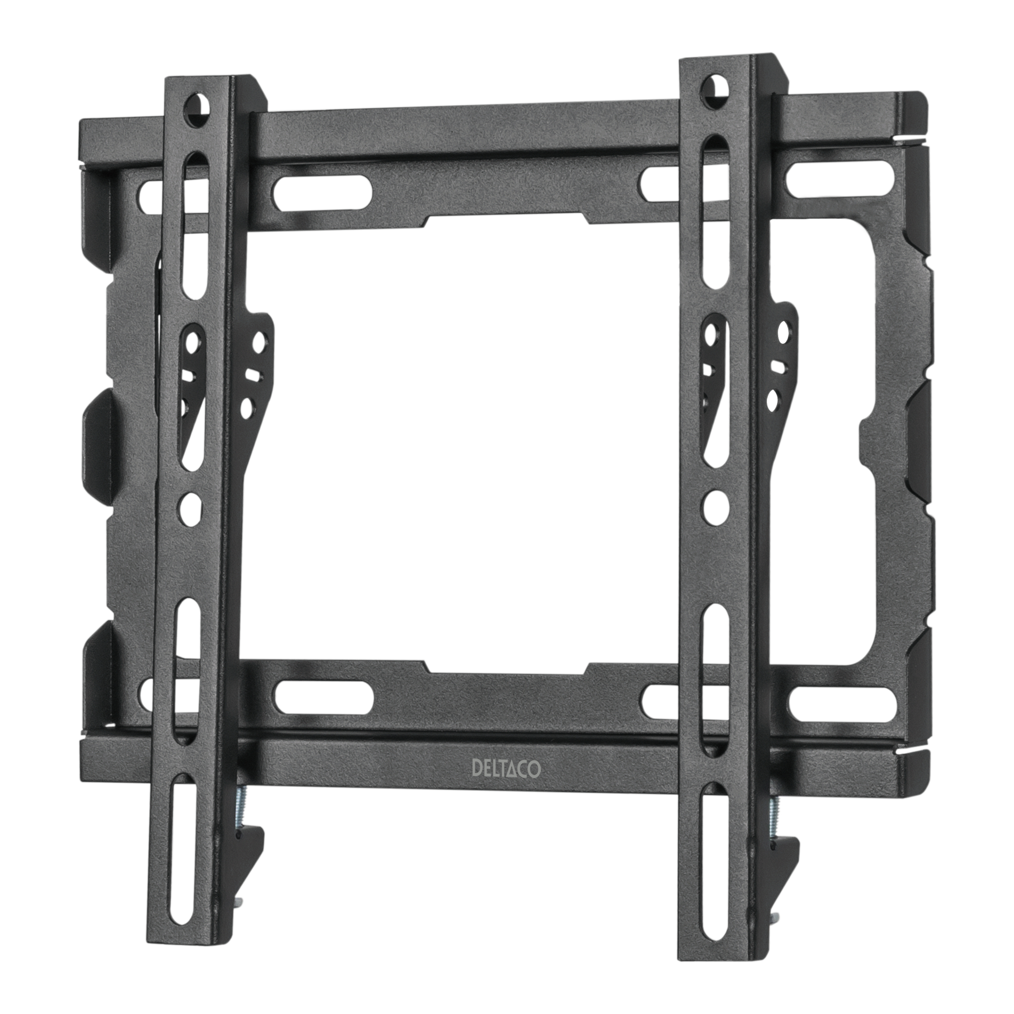 Supporto da parete TV nero con fessure per il montaggio.