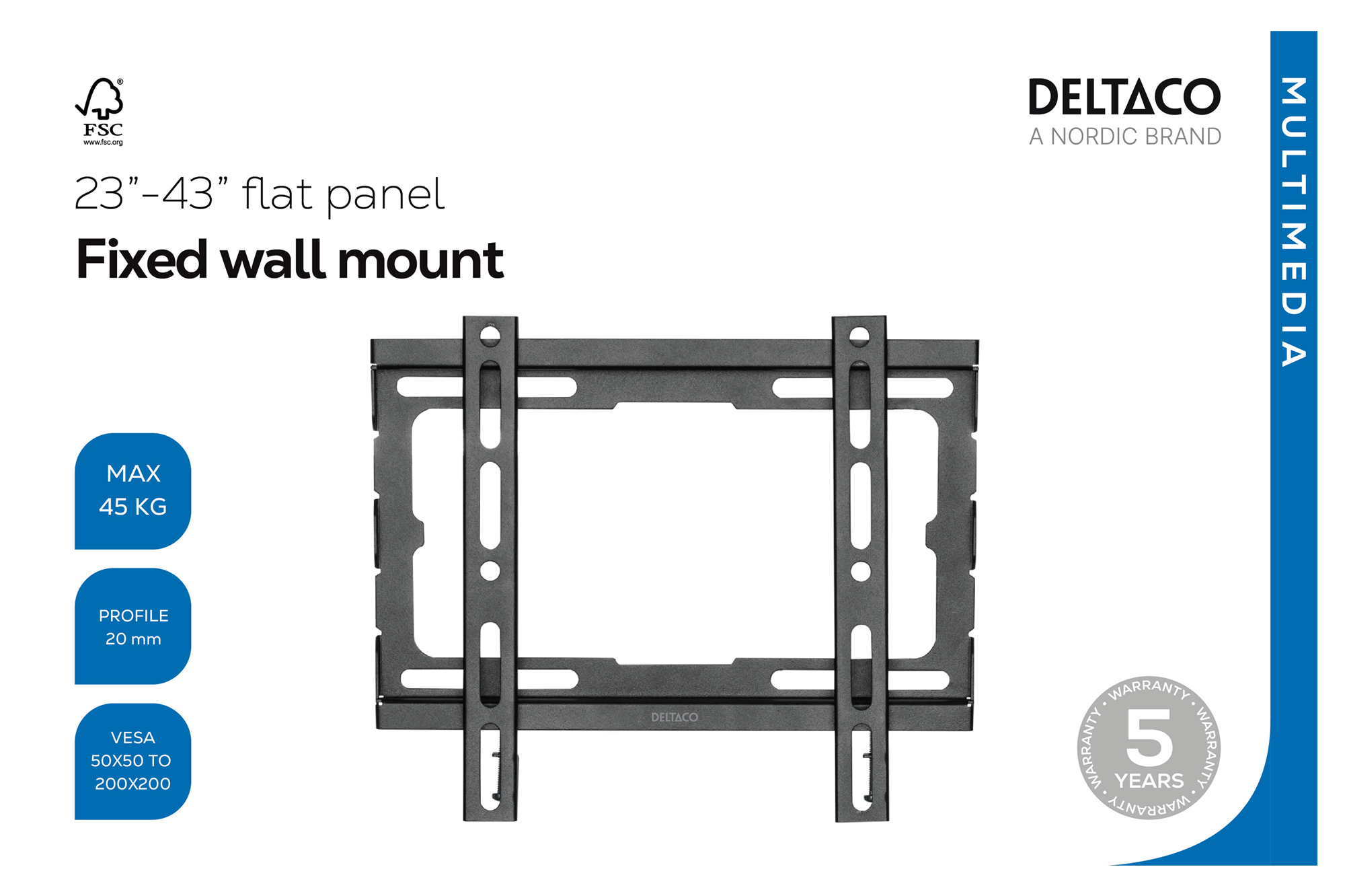 Supporto a muro nero per TV a schermo piatto 23-43", max 45 kg, profilo 20 mm.