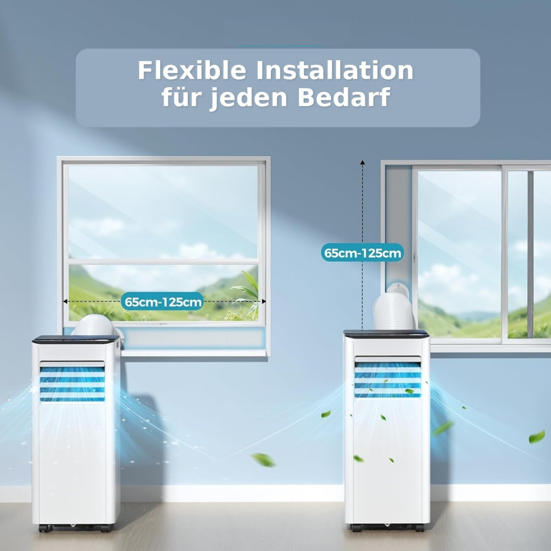 Zwei mobile Klimaanlagen vor Fenstern, Schlauchinstallation 65-125cm.