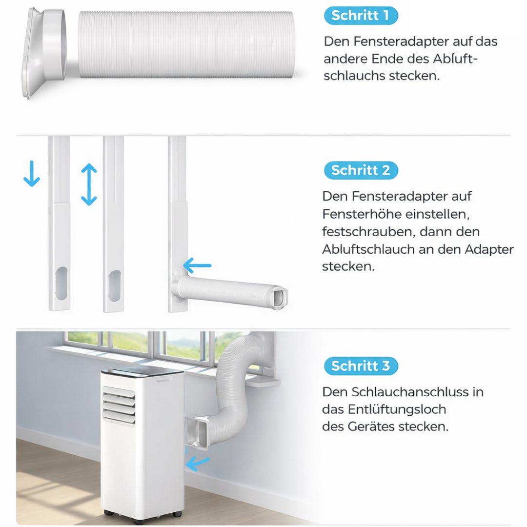 Schritt 1: Abluftschlauch an Fensteradapter stecken. Schritt 2: Adapter einstellen, festschrauben. Schritt 3: Schlauch an Gerät.