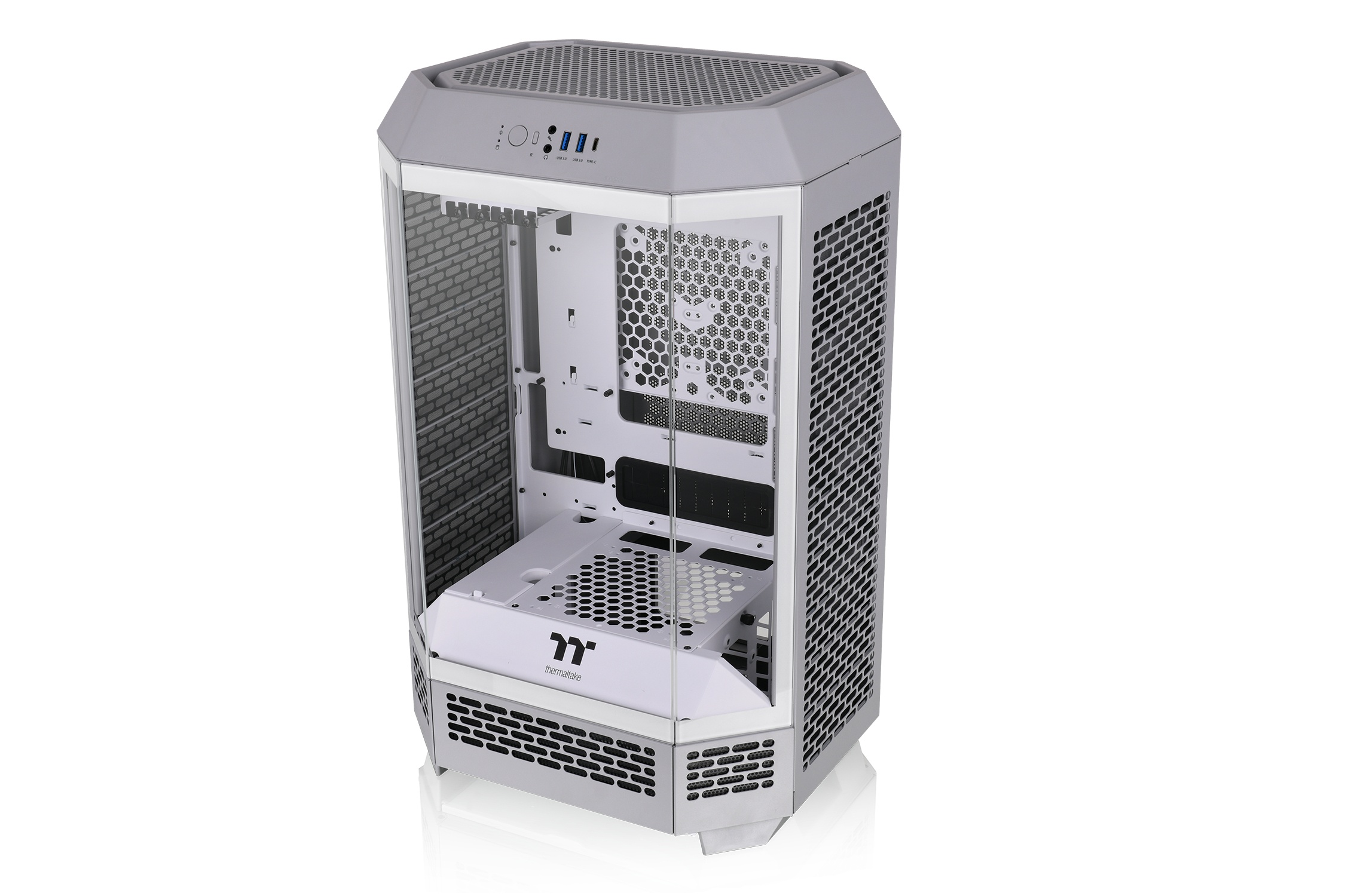 Un case PC bianco e grigio con pannelli in vetro e griglie di ventilazione.