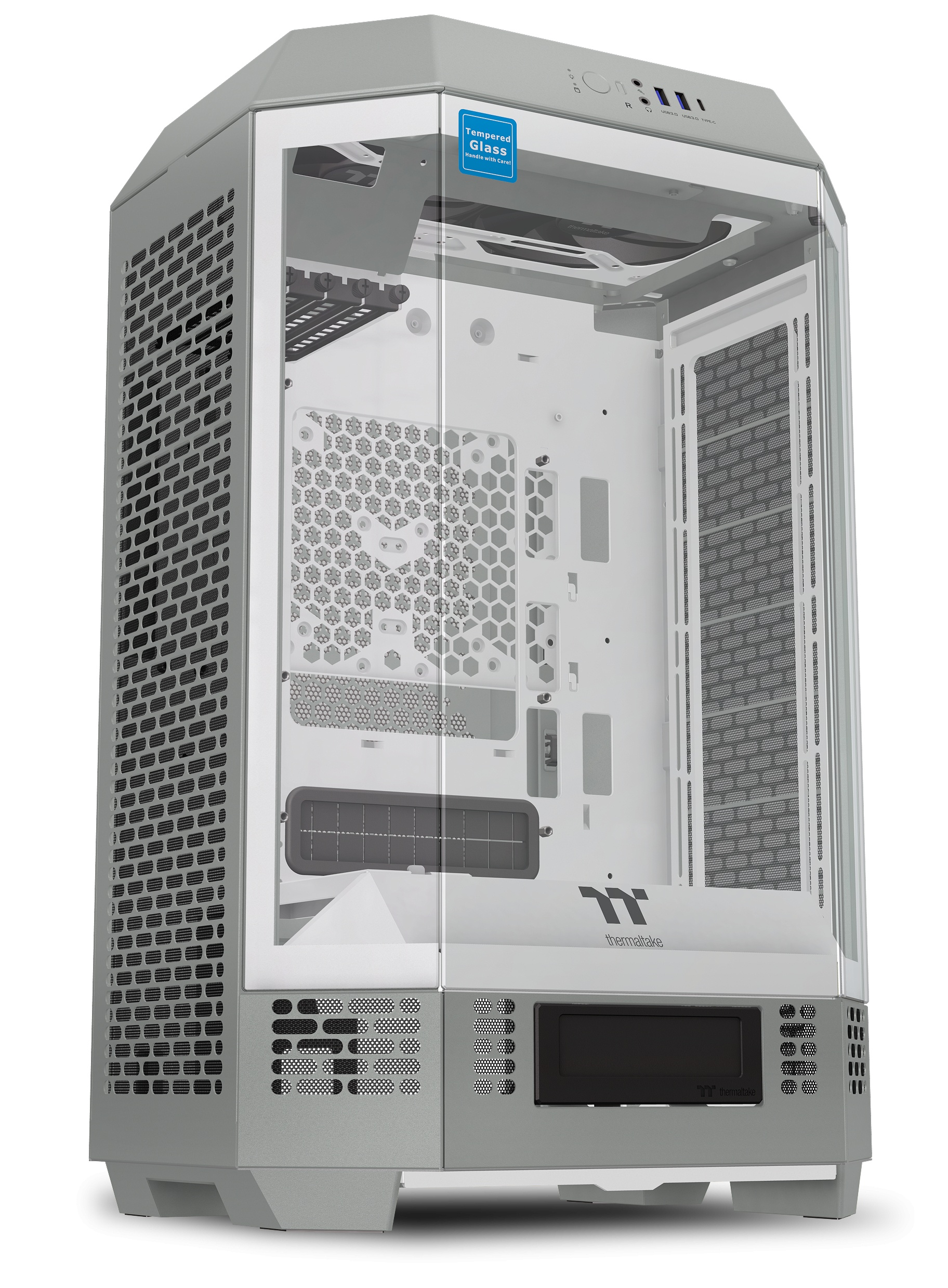 Case PC grigio con frontale in vetro e fessure di ventilazione.