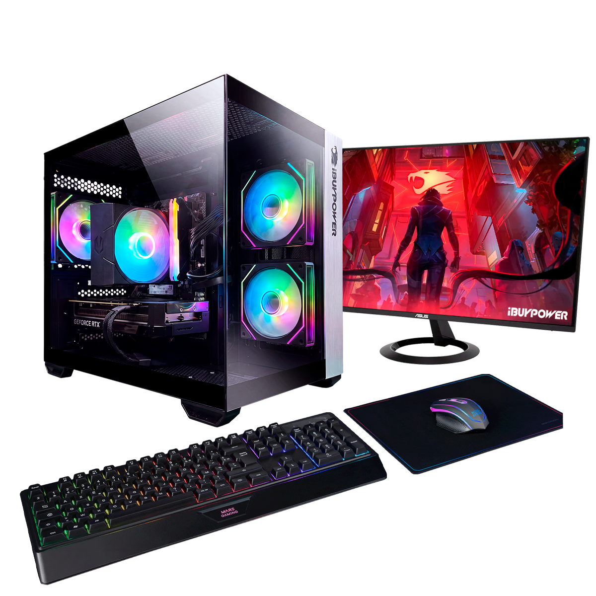 Una PC gamer iluminada con ventiladores RGB, teclado, ratón y monitor.