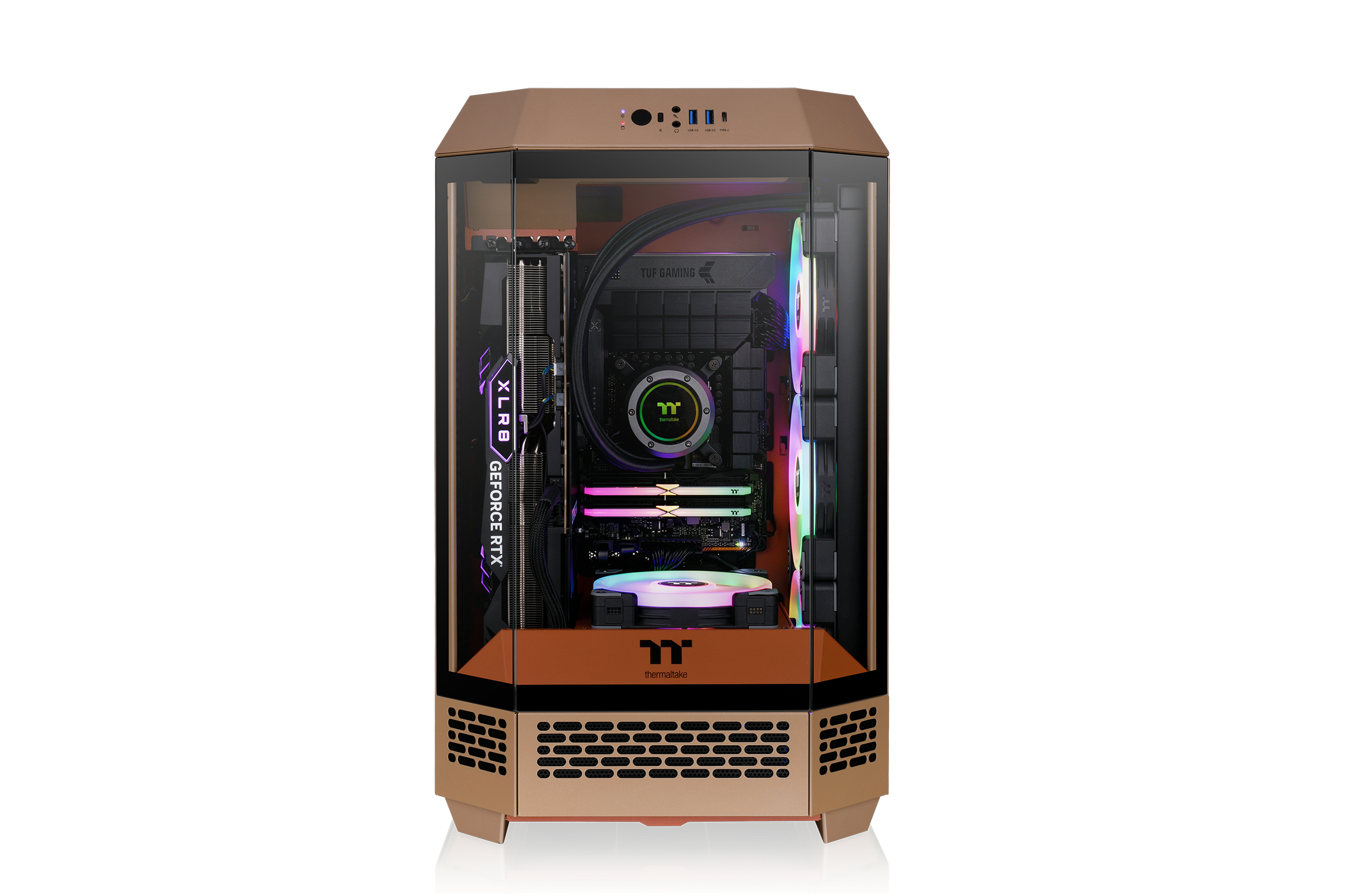 Case PC da gaming con frontale in vetro e telaio in metallo bronzo, componenti visibili.