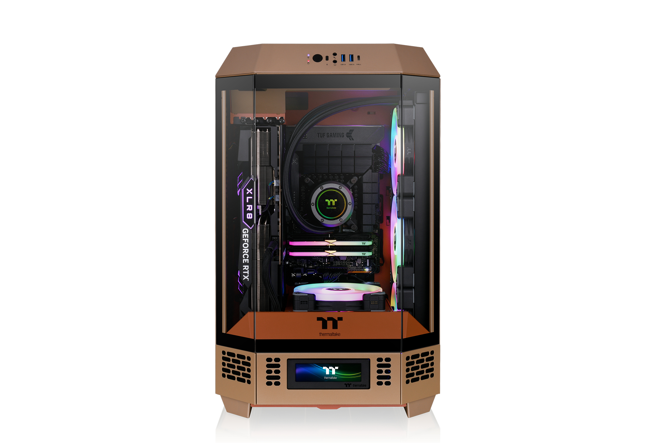 Un PC da gaming color bronzo con pannelli in vetro, illuminazione RGB e componenti visibili.