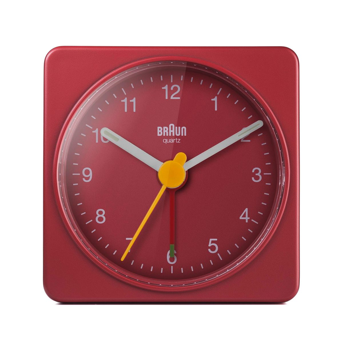Una sveglia rossa con lancetta dei secondi gialla e lancette ore/minuti bianche.