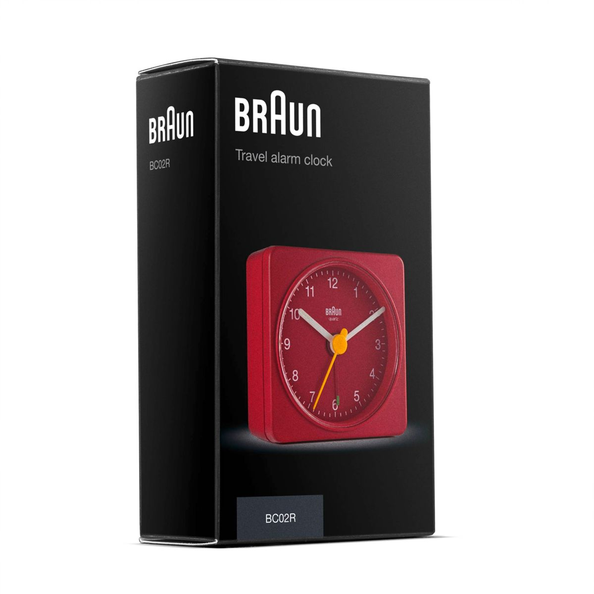Confezione rossa di sveglia da viaggio BRAUN con immagine del prodotto.
