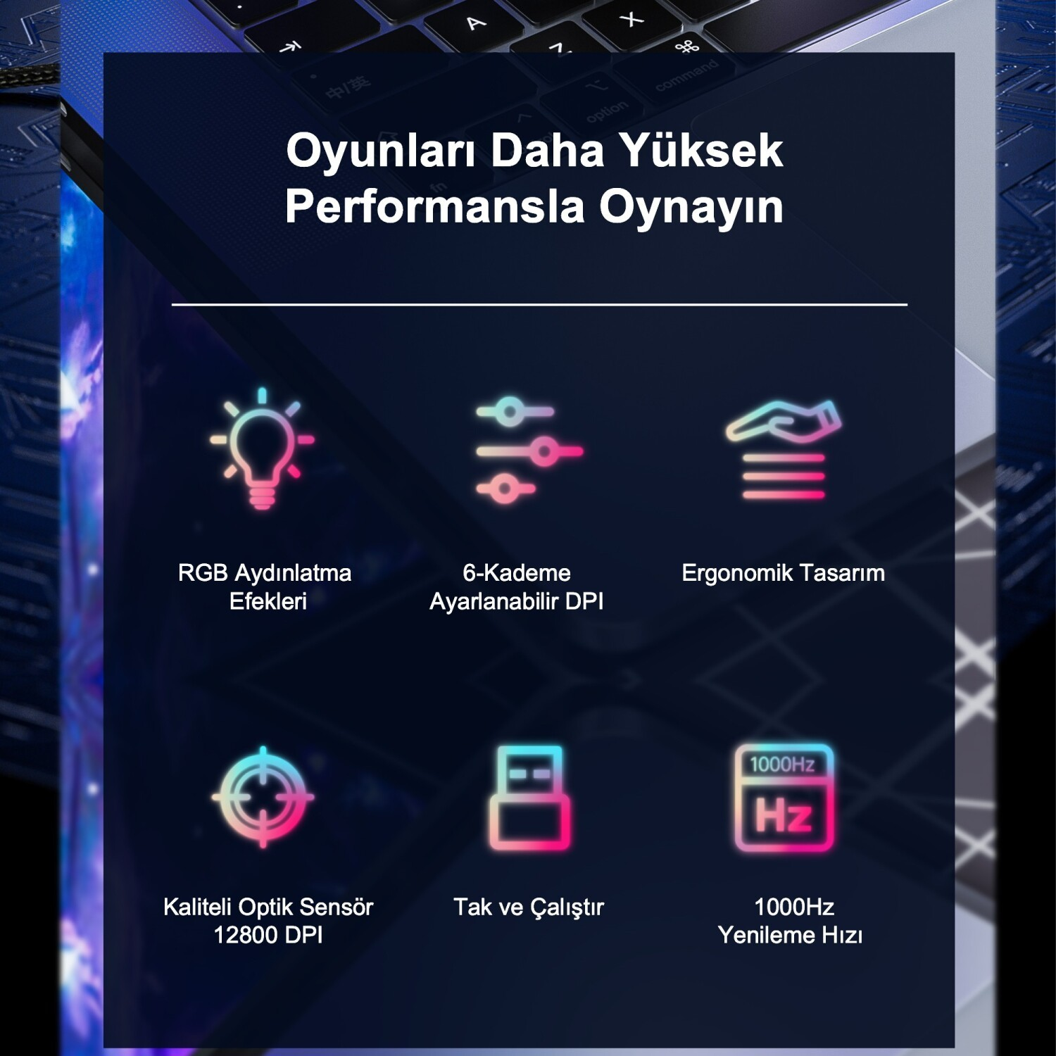 Grafik, oyun faresi özelliklerini gösterir: RGB, DPI, ergonomi, sensör, tak çalıştır, 1000Hz.