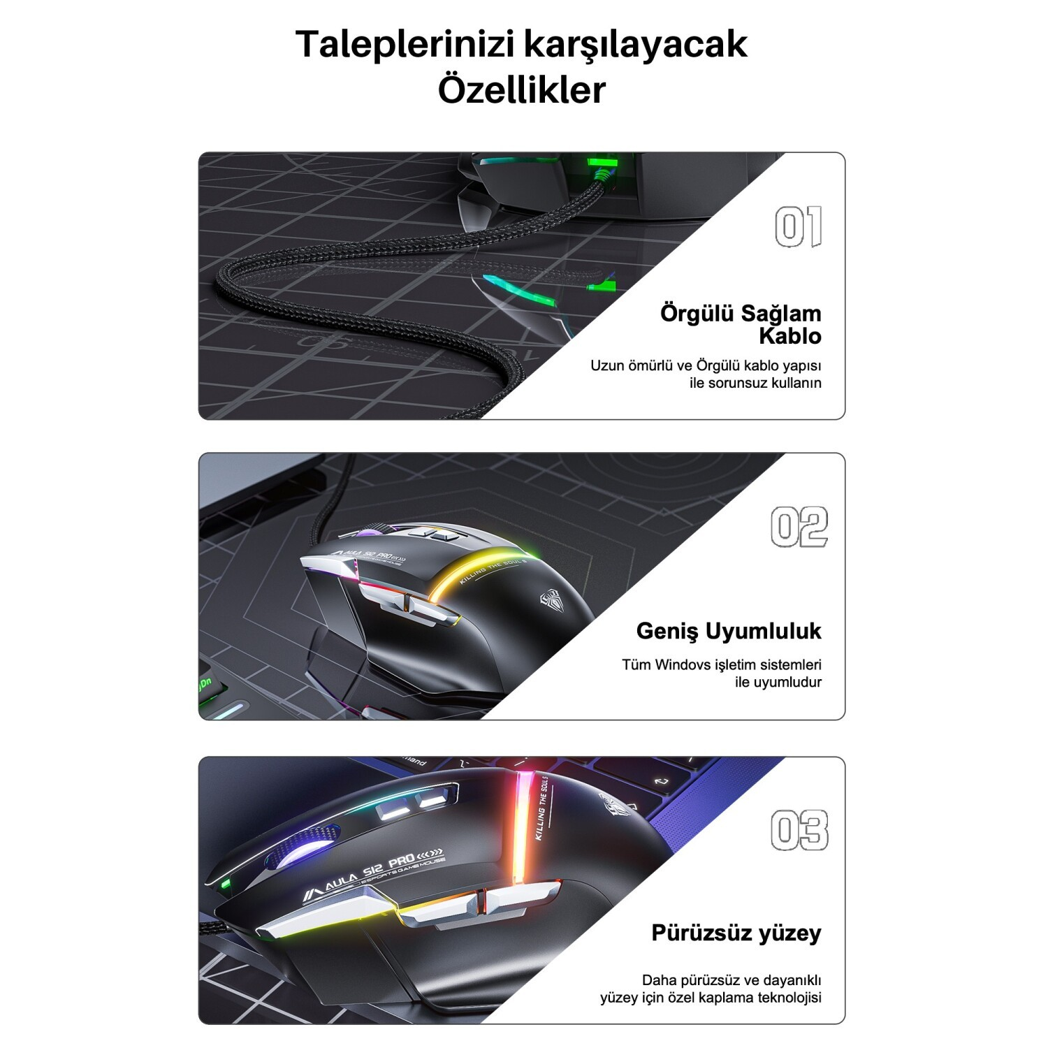 Örgülü kablo, RGB oyuncu faresi, klavye ve özellik açıklamaları.