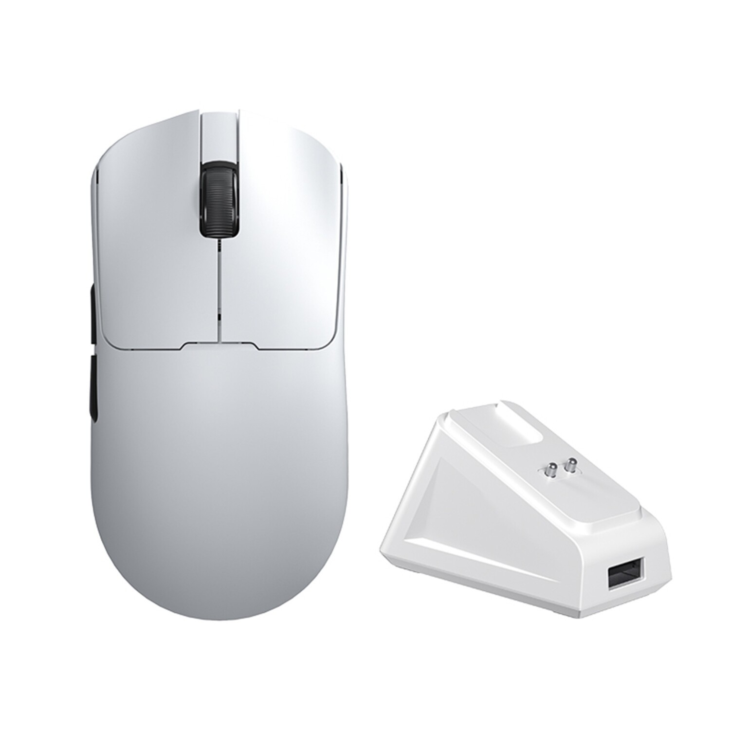 Beyaz bir bilgisayar faresi ve USB bağlantı noktasına sahip beyaz şarj istasyonu.