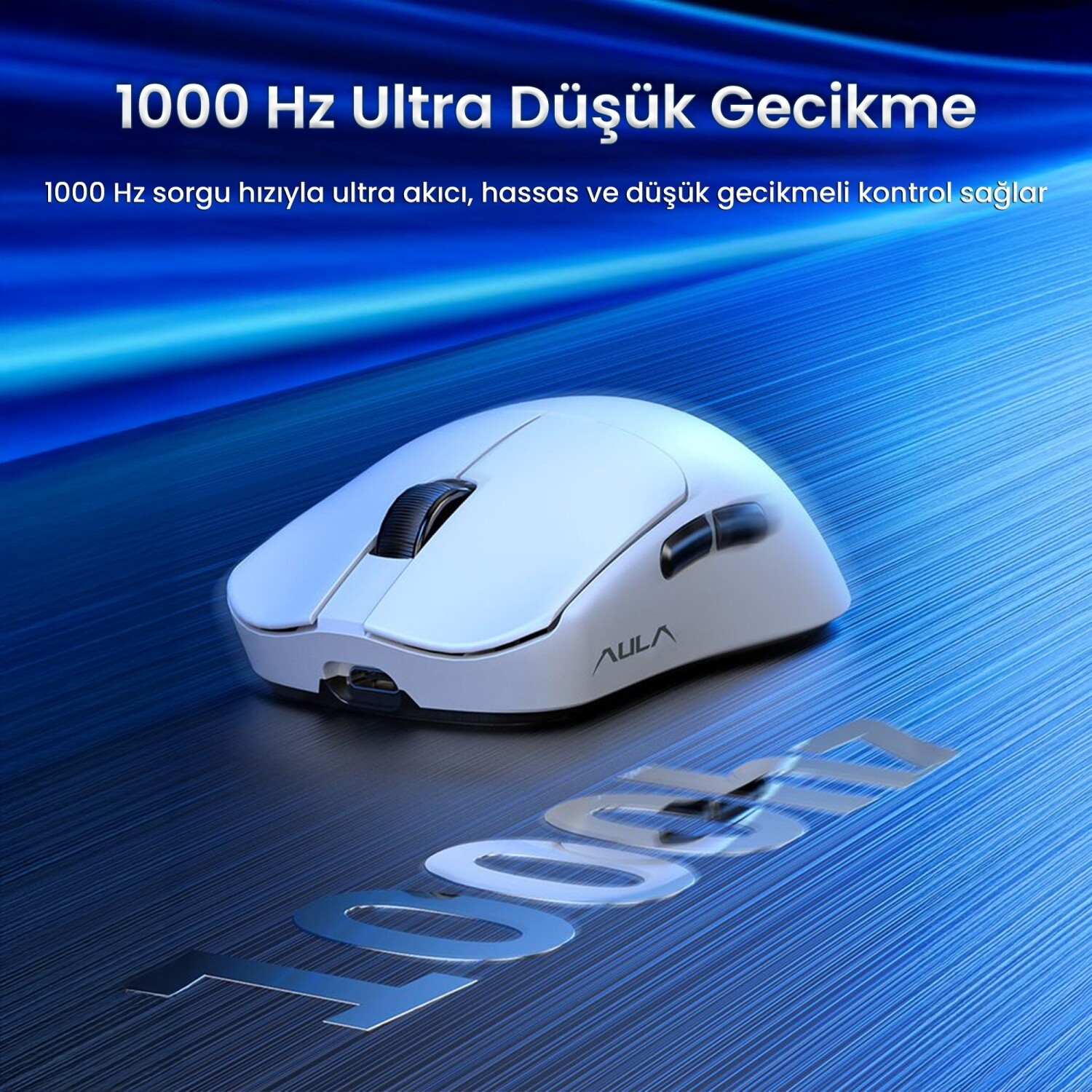 Beyaz bir fare, üzerinde "1000" yazısı bulunan mavi metalik yüzeyde duruyor.