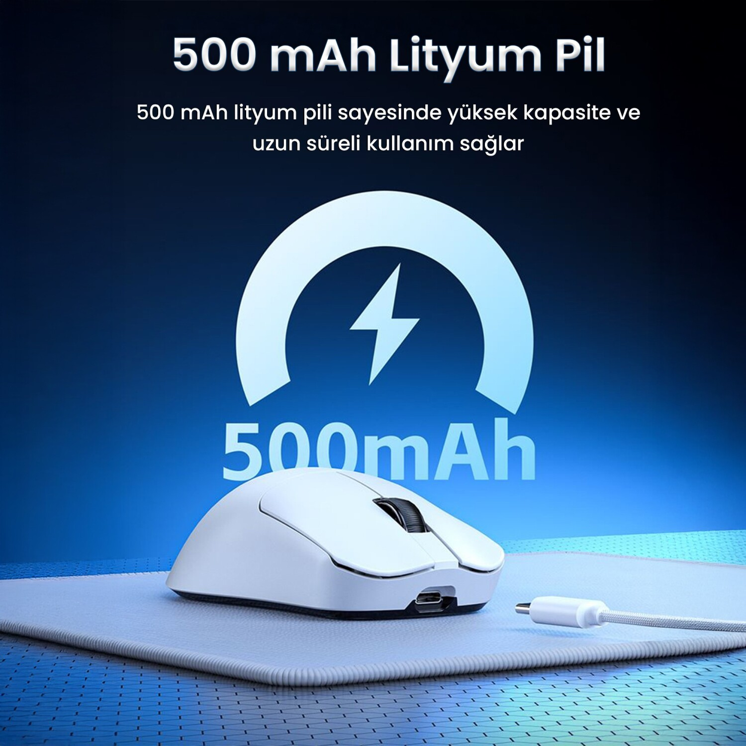 Beyaz bilgisayar faresi, USB-C kablosu, 500 mAh pil, mavi mat üzerinde.