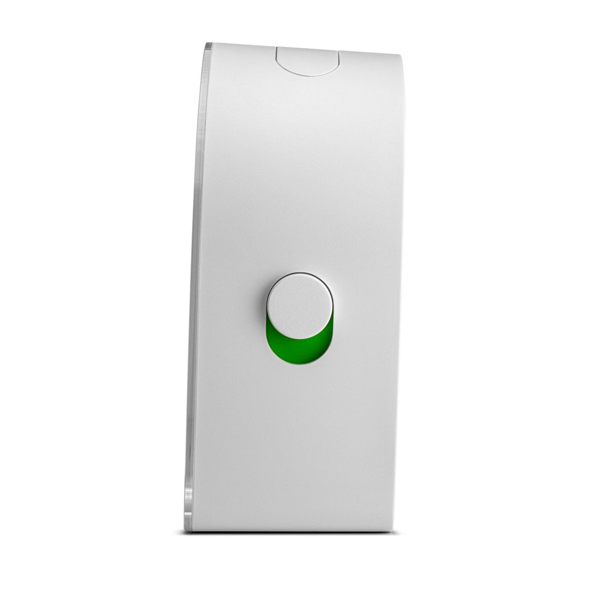 Un dispositivo rettangolare bianco con un cerchio verde e un pulsante bianco.