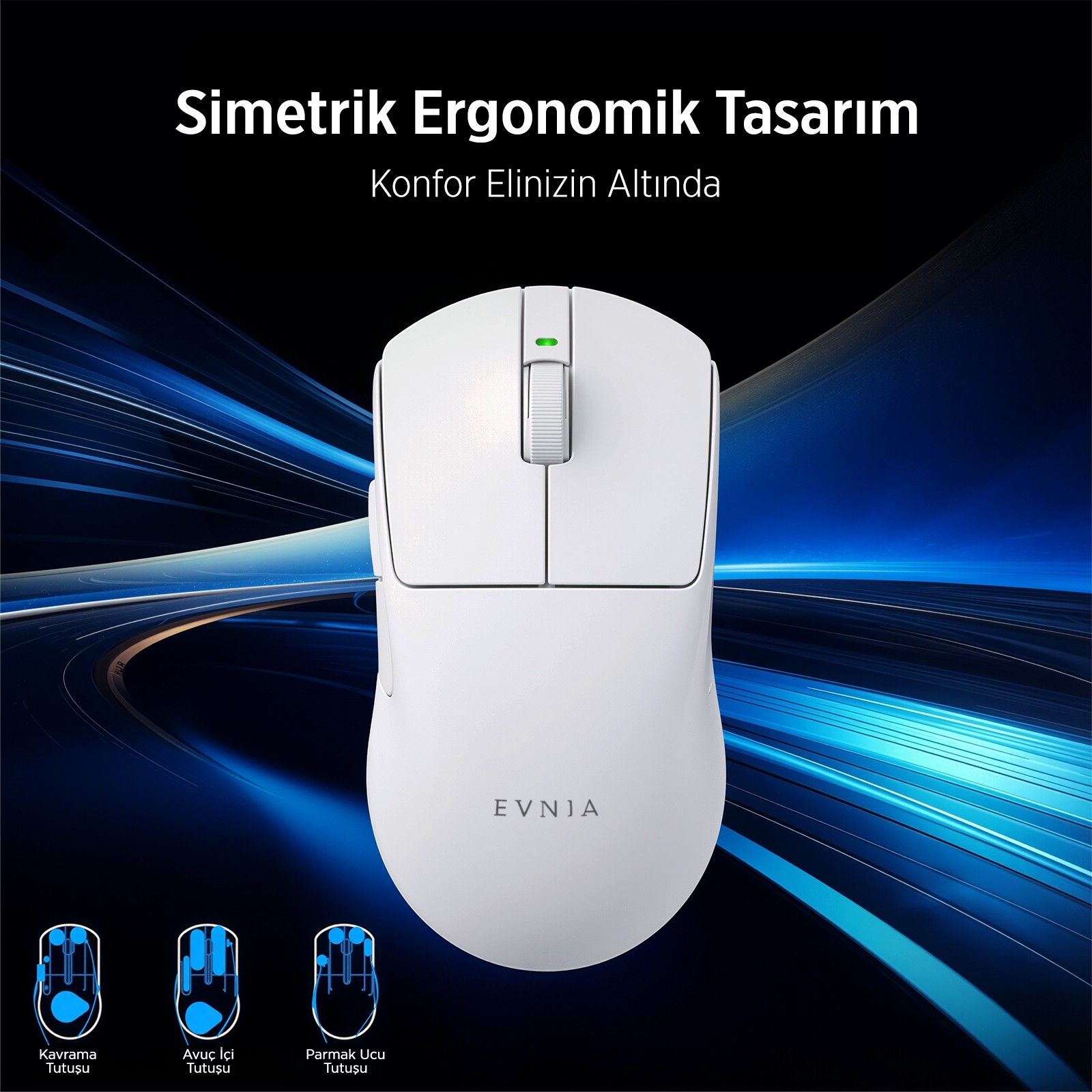 Çizgili mavi arka planda, ergonomik tasarımlı beyaz bir fare.