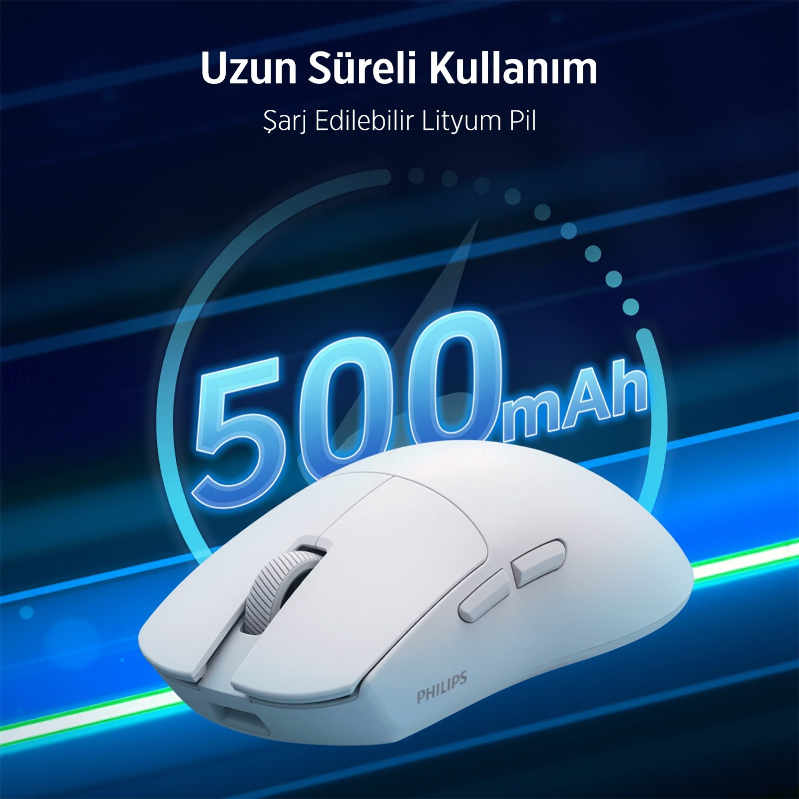 Mavi arka plan üzerinde 500 mAh pilli beyaz fare.