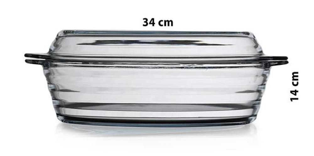Kapakh cam güveç, 34 cm uzunluk, 14 cm yükseklik.
