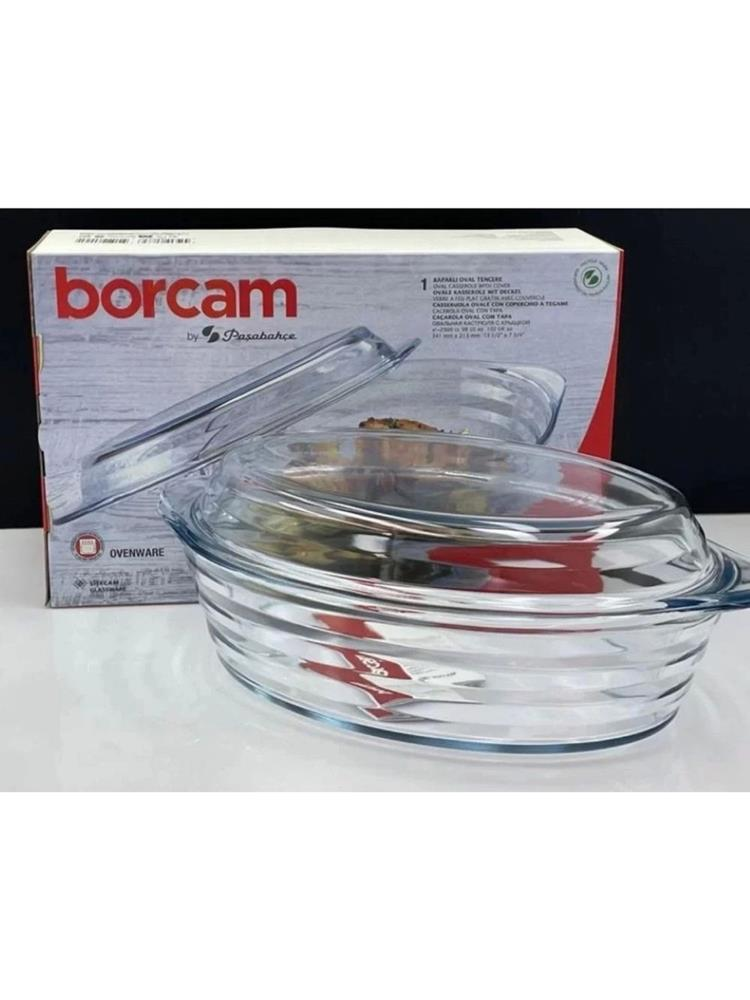Borcam oval cam güveç, kapaklı, şeffaf, karton ambalaj üzerinde.